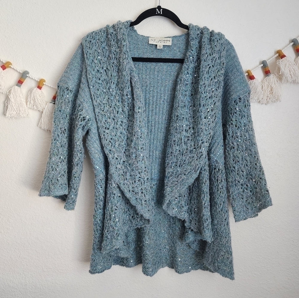 St. John Blue Metallic Knit Drap Open Front Cardigan Y2k Coastal Grandma S